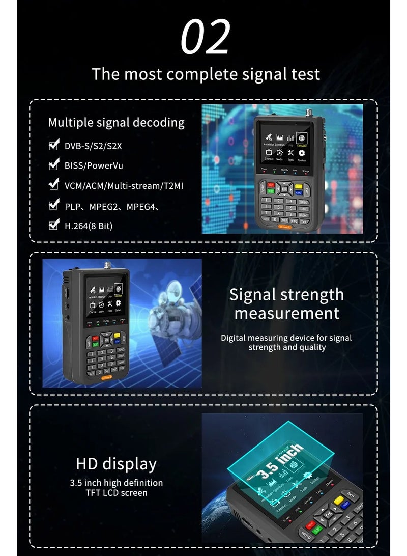والالا جهاز قياس إشارة الأقمار الصناعية الرقمي FTA DVB-S/S2/S2X، جهاز كشف وقياس الإشارة، شاشة LCD مقاس 3.5 بوصة لضبط طبق التلفزيون الفضائي مع حقيبة ظهر - Image 3