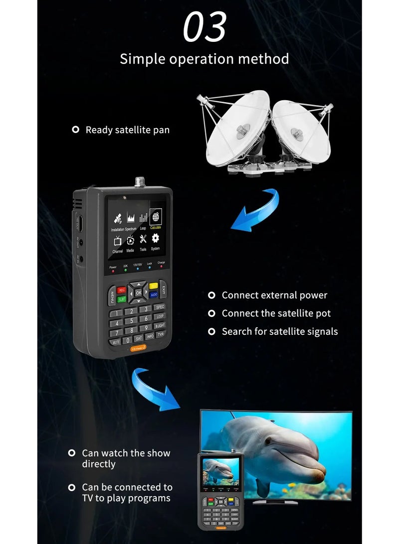 والالا جهاز قياس إشارة الأقمار الصناعية الرقمي FTA DVB-S/S2/S2X، جهاز كشف وقياس الإشارة، شاشة LCD مقاس 3.5 بوصة لضبط طبق التلفزيون الفضائي مع حقيبة ظهر - Image 4