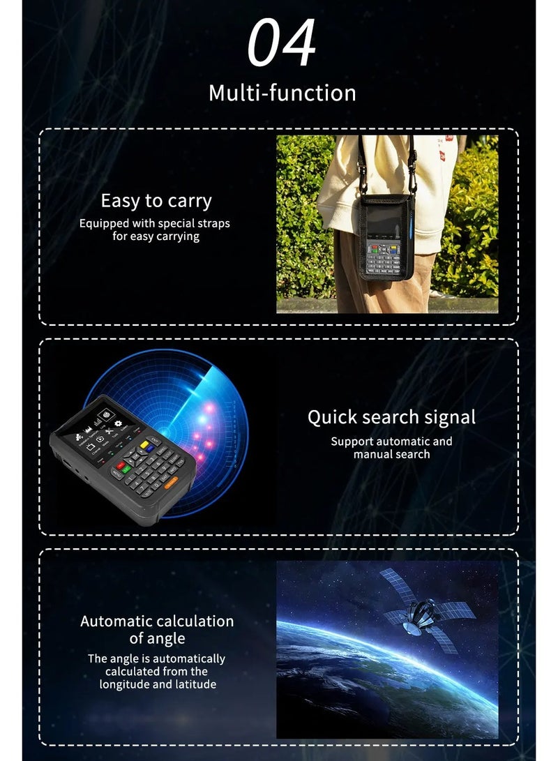 والالا جهاز قياس إشارة الأقمار الصناعية الرقمي FTA DVB-S/S2/S2X، جهاز كشف وقياس الإشارة، شاشة LCD مقاس 3.5 بوصة لضبط طبق التلفزيون الفضائي مع حقيبة ظهر - Image 5