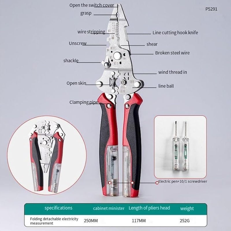 11 في 1 ملقط تجريد أسلاك متعدد الوظائف للكهربائيين بشفرات دقيقة أسود أحمر - Image 3