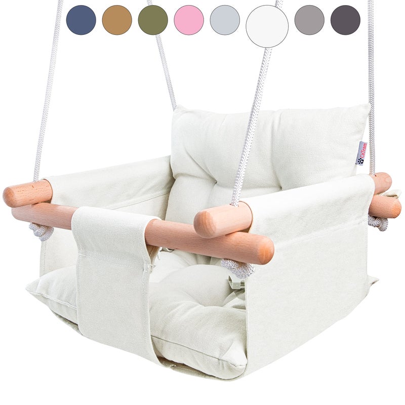 CaTeam Canvas Baby Swing Wooden Hanging Swing Seat Chair with Safety Belt Durable Baby Swing Chair Outdoor and Indoor Swing for Kids Mounting Hardware Included Ivory
