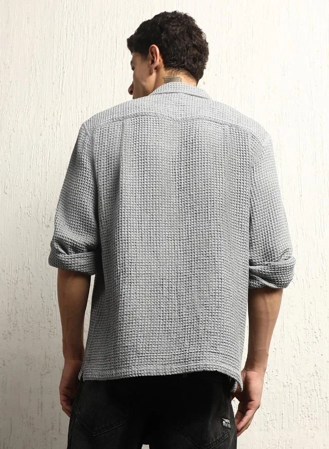 Hubberholme Grey Men's Grey Cotton Blend Solid Pattern Button Down Oversized Shirt for Men | Best Price UAE
