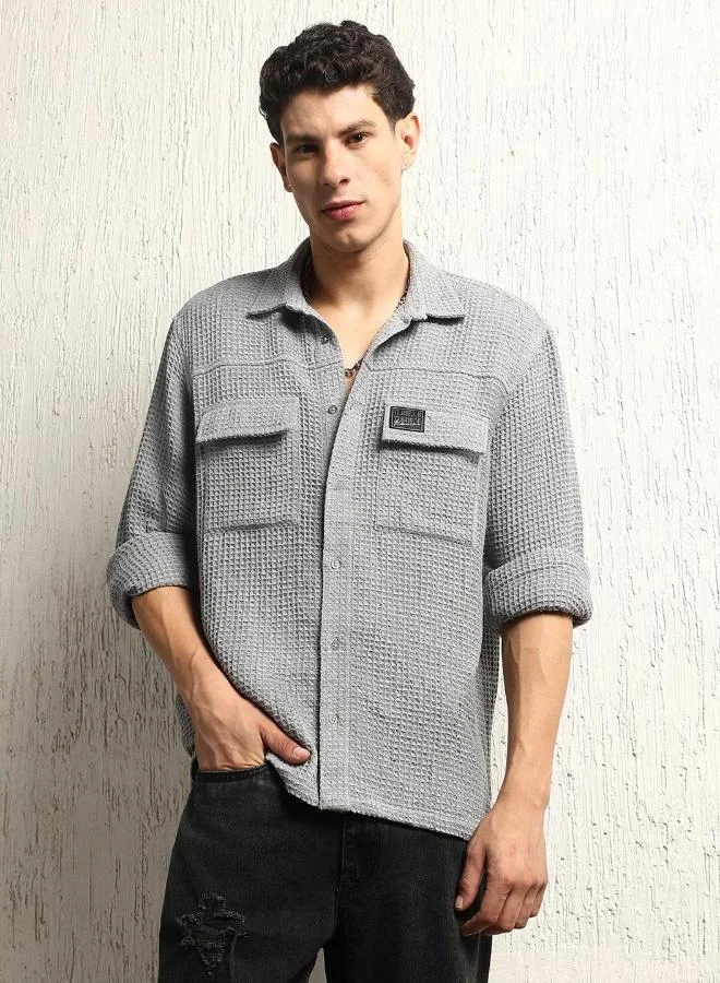 Hubberholme Grey Men's Grey Cotton Blend Solid Pattern Button Down Oversized Shirt for Men | Best Price UAE