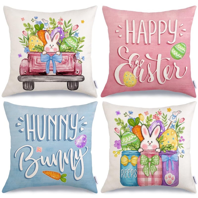 GEEORY Happy Easter Eggs Hunny Bunny Throw Pillow Covers 18x18 Inch Set of 4, Peeps Mason Jars Truck Spring Decorative Farmhouse Holiday Cushion Case for Home Decoration G688-18 - Image 1