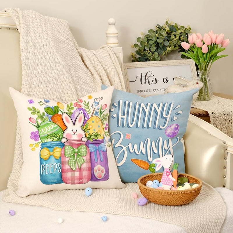 GEEORY Happy Easter Eggs Hunny Bunny Throw Pillow Covers 18x18 Inch Set of 4, Peeps Mason Jars Truck Spring Decorative Farmhouse Holiday Cushion Case for Home Decoration G688-18 - Image 5