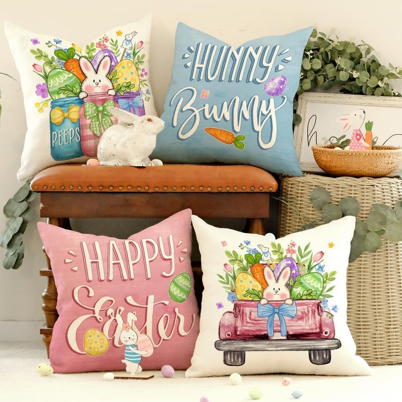GEEORY Happy Easter Eggs Hunny Bunny Throw Pillow Covers 18x18 Inch Set of 4, Peeps Mason Jars Truck Spring Decorative Farmhouse Holiday Cushion Case for Home Decoration G688-18 - Image 3