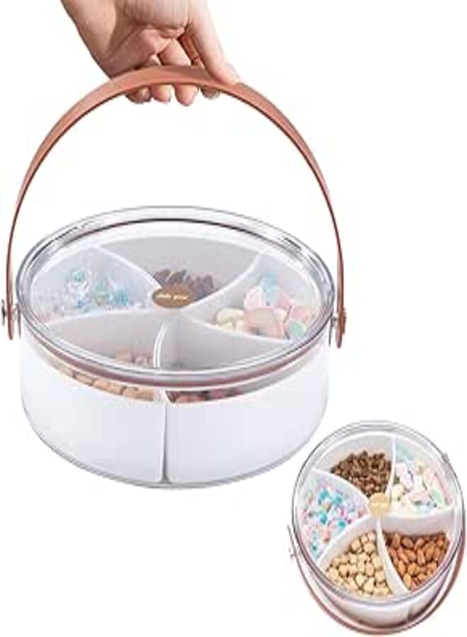 CINPIUK Divided Serving Tray with Lid & Handle, Snack Tray with 5 Compartments for Holiday Parties Clear Food Container for Candy, Biscuits, Fruit, Veggie, Nuts Snacks
