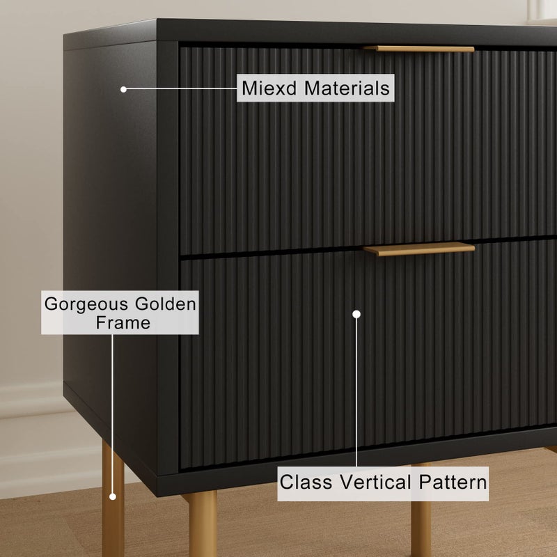 Masupu Nightstand,Mid-Century Modern Bedside Table with 2 Storage Drawer,Small Gold Frame Side End Table for Bedroom,Living Room, Black - Image 4