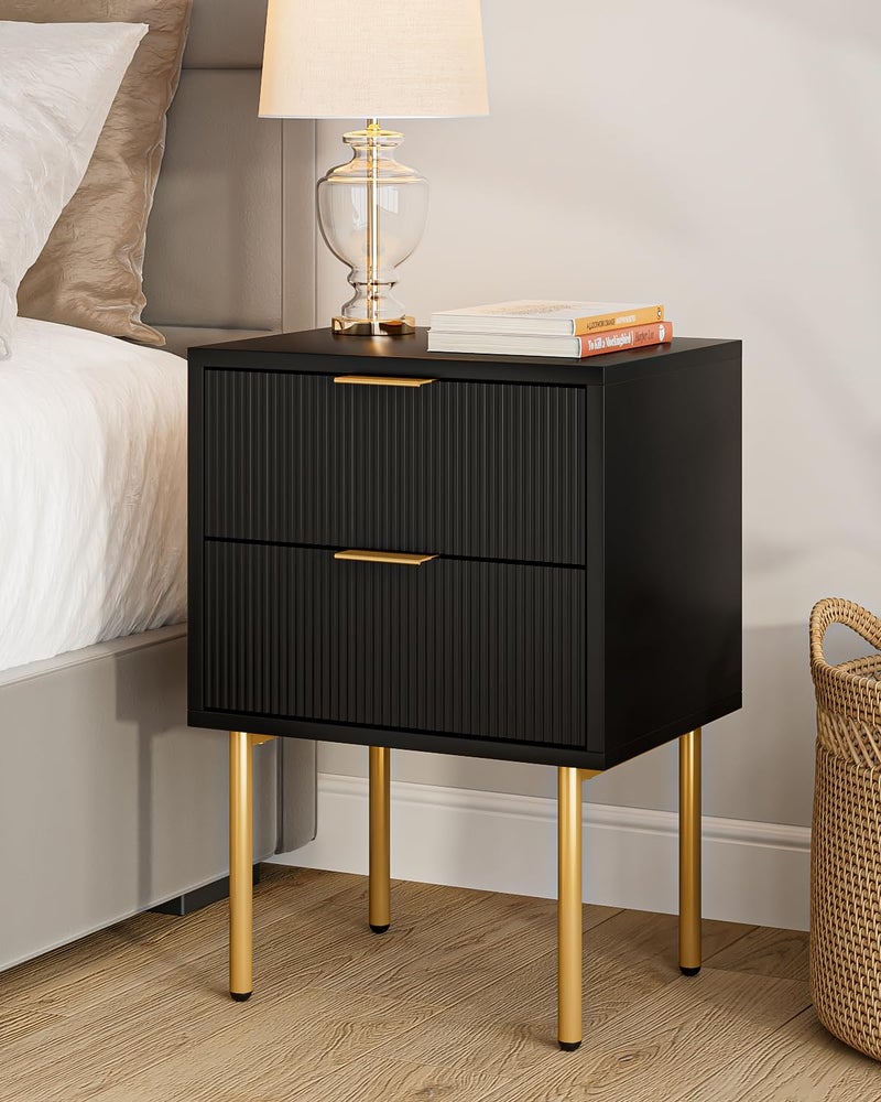 Masupu Nightstand,Mid-Century Modern Bedside Table with 2 Storage Drawer,Small Gold Frame Side End Table for Bedroom,Living Room, Black - Image 1