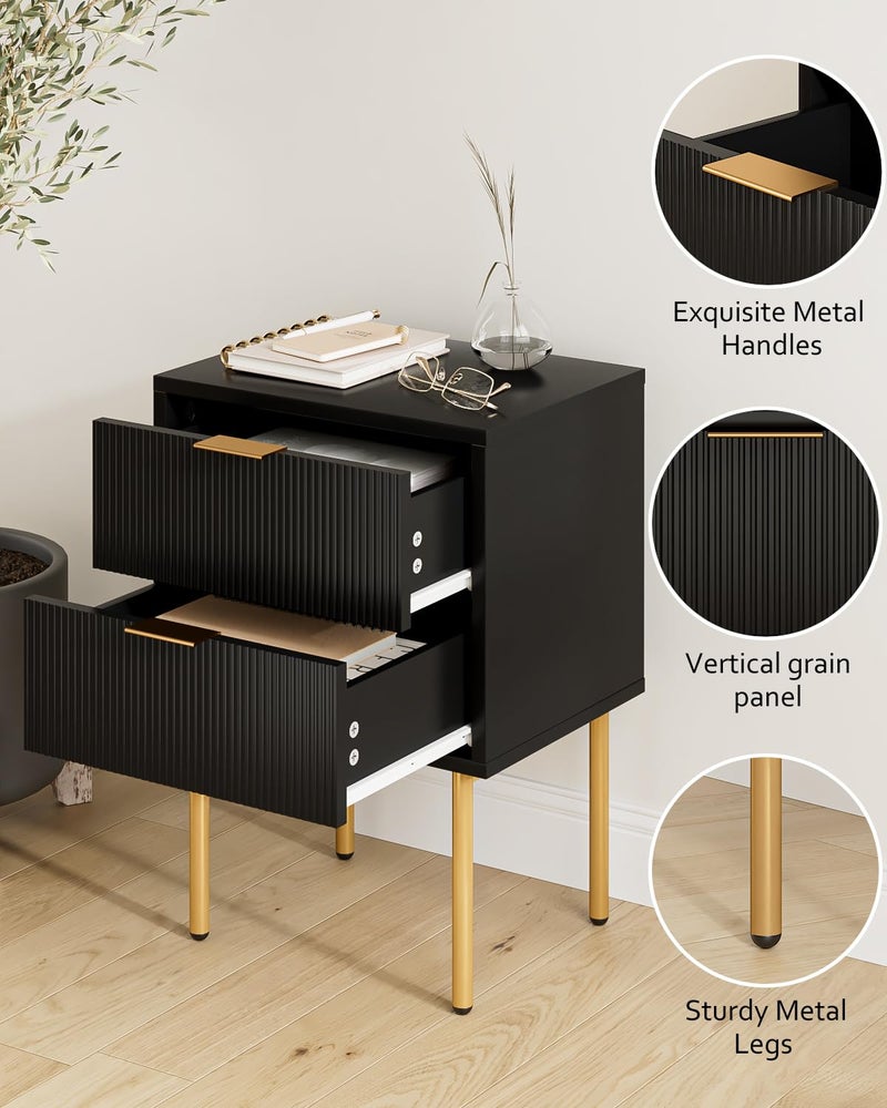 Masupu Nightstand,Mid-Century Modern Bedside Table with 2 Storage Drawer,Small Gold Frame Side End Table for Bedroom,Living Room, Black - Image 2