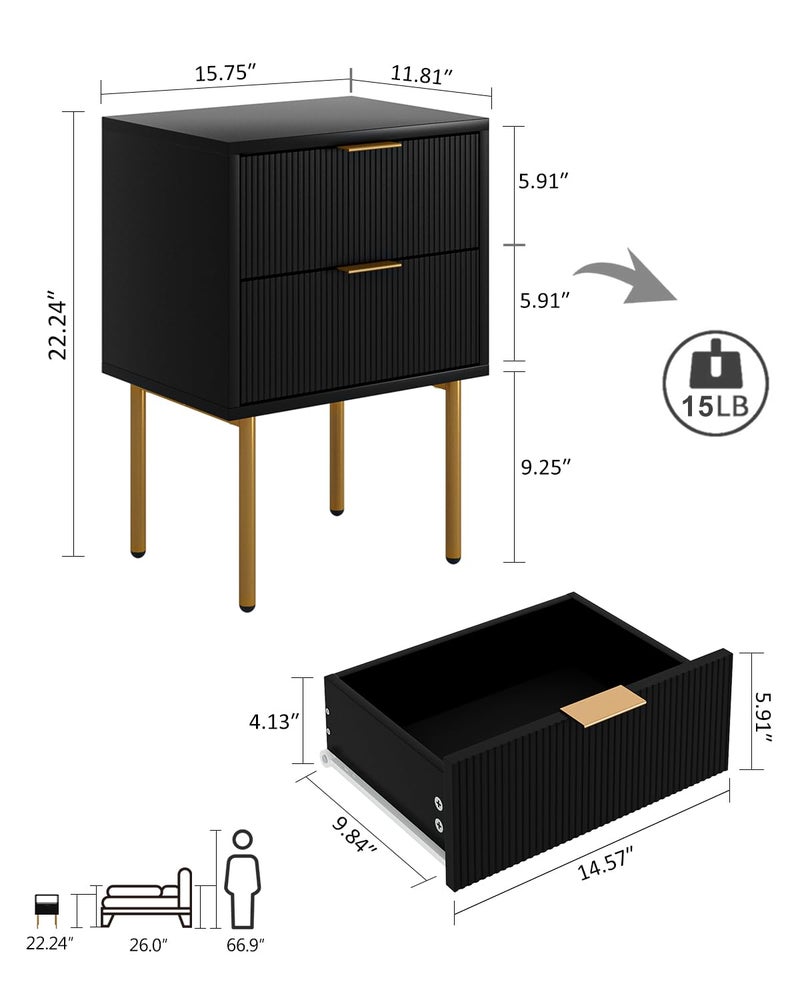 Masupu Nightstand,Mid-Century Modern Bedside Table with 2 Storage Drawer,Small Gold Frame Side End Table for Bedroom,Living Room, Black - Image 3
