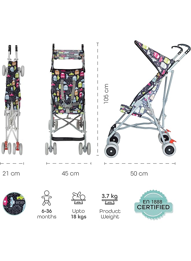 The Moon brand Jet Baby Stroller Lightest Baby Carrier Buggy Travel Baby Item For Toddler 6M To 3Yrs Compact Pram W/ Extra Wide Canopy Umbrella Fold Easy Assemble Strap Printed Cars - Image 5