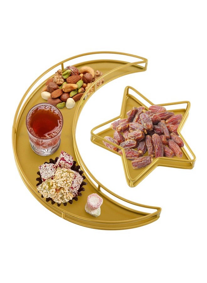 ANPHSIN 2PCS Ramadan Serving Trays Decorations for Home - Moon Star Shaped Eid Mubarak Table Decor Gifts, Islam Muslim Al-Fitr Iftar Party Crescent Iron Platters Dishes (Hollowed-Out) - Image 1