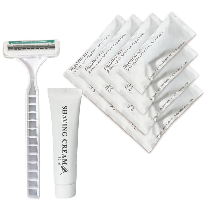 YumCute Home 50 Pack Shave kit in Bulk 3 Blades Shave Disposable Razor with Protective Cap 12g Cream Individually Wrapped Paper Box for HotelAirbnb HomelessShelter Camping Travel On The Go 