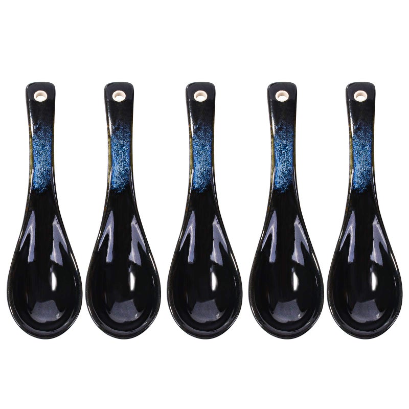 BOSILI Japanese Ceramic Soup Spoon Set of 5 Table spoons for Meals Soups and Ice creams Microwave and Dishwasher Safe Blue and Black