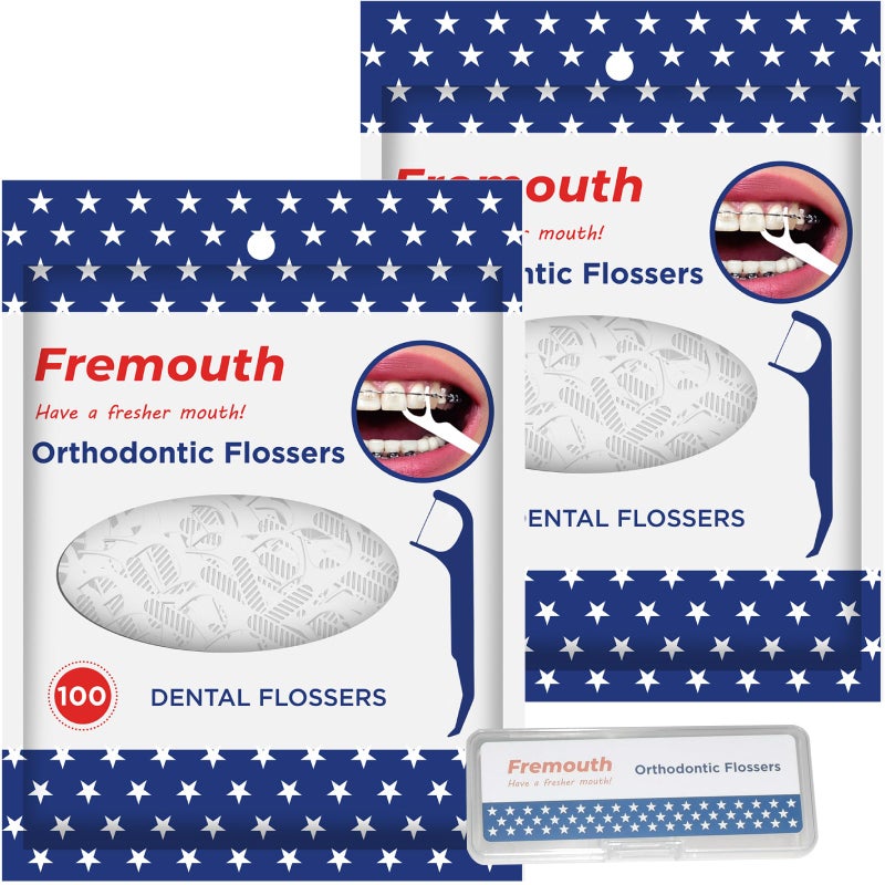 Fremouth Orthodontic Flossers for Braces - Ortho Dental Floss Picks, 100 Count (Pack of 2), with a Travel Case - Image 1