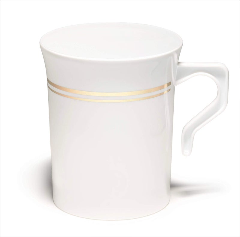 OCCASIONS FINEST PLASTIC TABLEWARE OCCASIONS 120 Mugs Pack Heavyweight Disposable Wedding Party Plastic 8 oz Coffee MugsTea CupsCappuccino CupsEspresso Cup with Handles 8 oz Mugs White  Gold Rim 