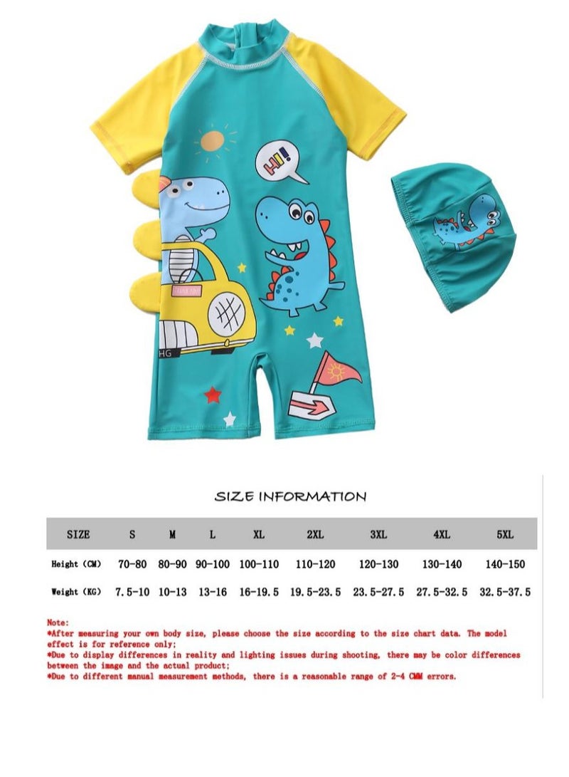 Y&D 2-piece fashionable boy cartoon printed one piece swimsuit short sleeved sun protection children's water sports with hat 110-120cm - Image 3