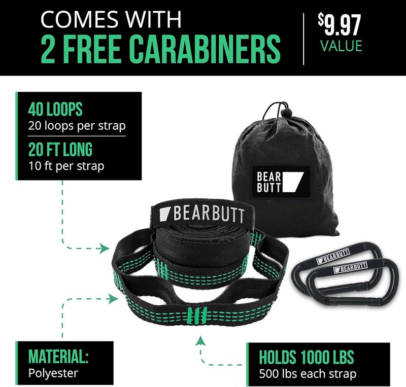 Bear Butt Kodiak Hammock Straps for Trees - 20 Feet Long, 40 Combined Loops - Holds 1000 Pounds - Camping Accessories With Carabiner - Image 3