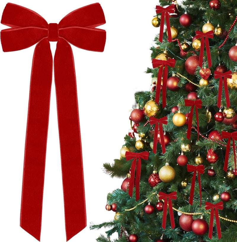 Hongsome 12Pcs Red Velvet Ribbon Bows Christmas Tree Decorations,5in x 10in Xmas Ornaments for Tree Home Party Front Door Wreath Holiday Decor - Image 1
