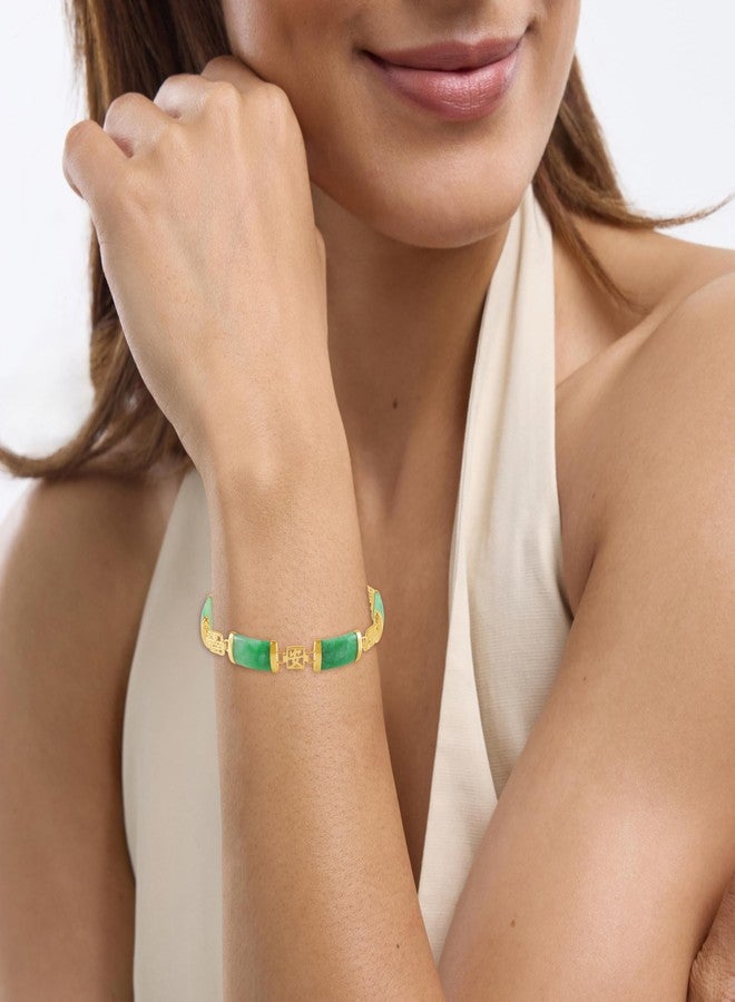 Belacqua Natural Green Jade Good Fortune Link Bracelet in 14K Gold over Sterling Silver, Lenght - 7.5 Inches, Fashion Jewelry for Women, Gift Box Included - Image 2
