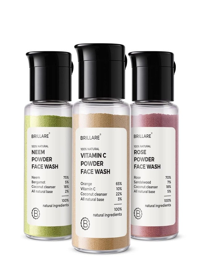 Brillare Powder face wash Combo, Neem, Vitamin C & Rose facewash, for Oily, Acne Prone, Pigmented, Ageing, Dry and Dull skin, 15 gram each - Image 1