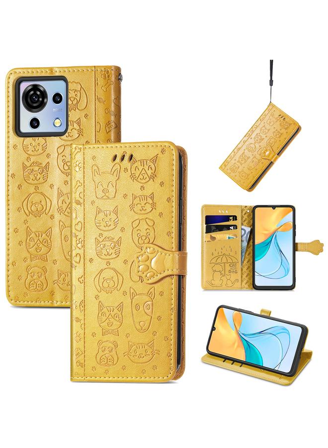 The Bros Case For ZTE Blade V50 Vita Cat and Dog Embossed Leather Phone Case