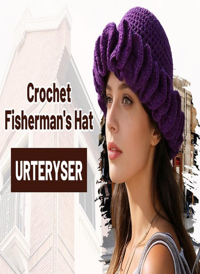 URTERYSER Hat, Adult Crochet Bucket Hat Handmade Ruffled Brim Fisherman Hat Windproof Hat Purple - Image 2
