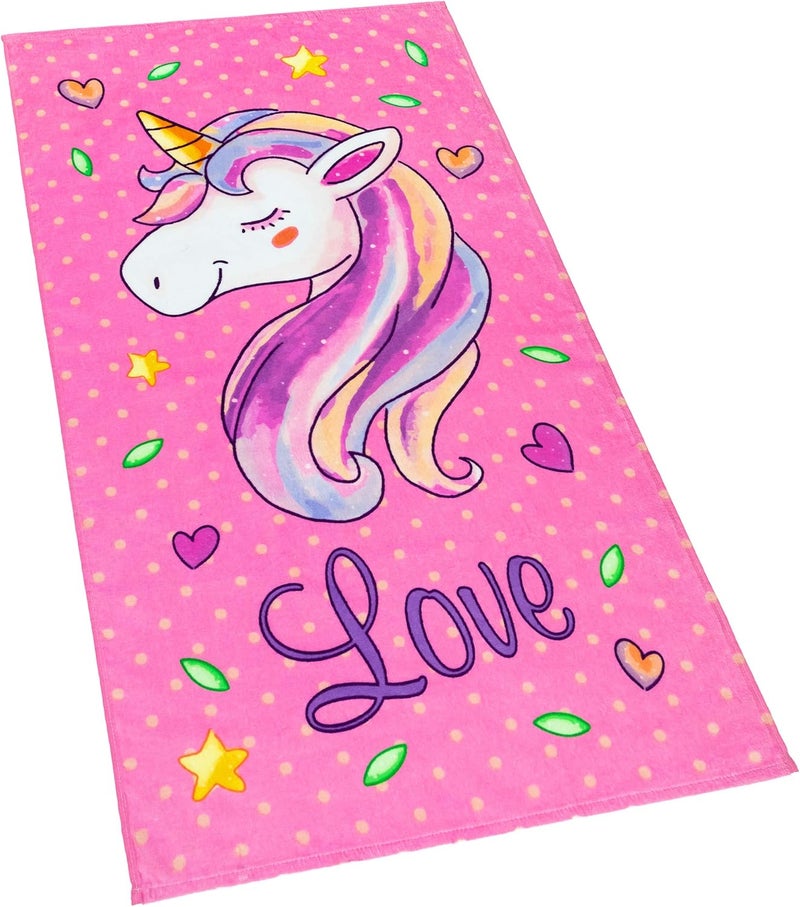 Softerry Love Unicorn and Stars Velour Beach Towel for Kids 28in x 51in 100 Cotton Pink - Image 1