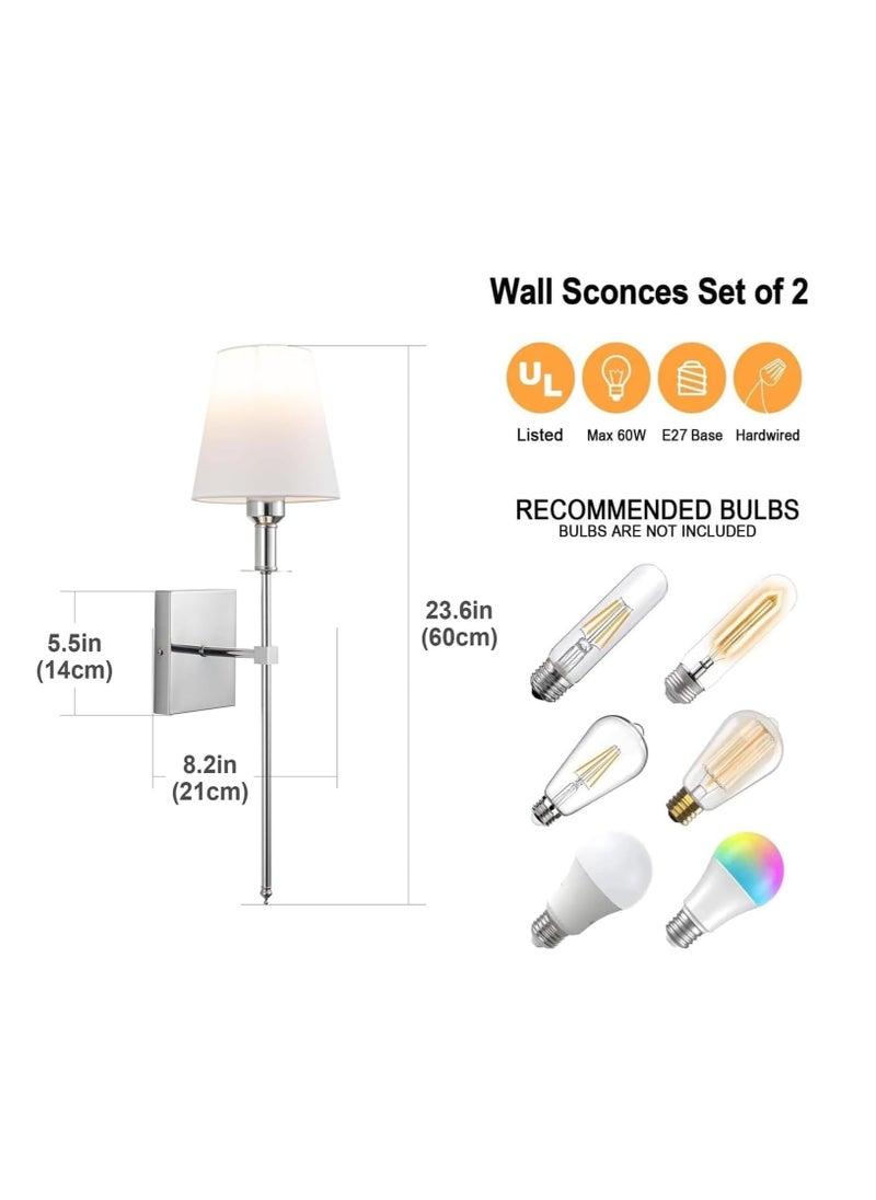 RATSAW - 2 Pcs Slim Wall Sconces with Fabric Shade Industrial Wall Lighting Lamps Fixtures Wall Mounted Sconce for Mirror Hallway Kitchen Bedroom Living Room Bathroom Silver - Image 1