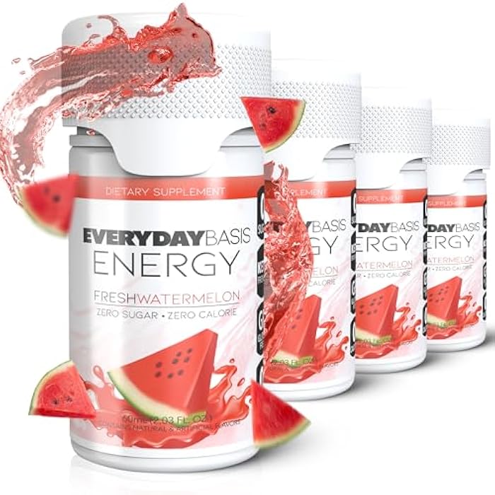Everyday Basis مشروبات الطاقة اليومية - زجاجات مشروب الطاقة الطبيعي بفيتامين B12 مع الأحماض الأمينية - مصنوعة من فاكهة الراهب، خالية من السكر وصفر سعرات حرارية - تشمل أربعة (4) مشروبات كافيين بوزن 2 أونصة بنكهة البطيخ - Image 1