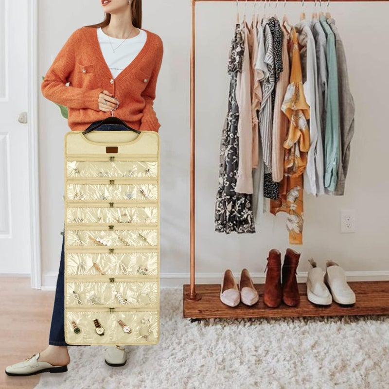 SMRITI Hanging Jewelry Organizer with Dual Zippered Pockets Canvas Double Sided Rotating Hanger Necklace Hanging Wall Organizer Earring Dustproof Holder Wall Mount Accessories Display Bag(Beige) - Image 2