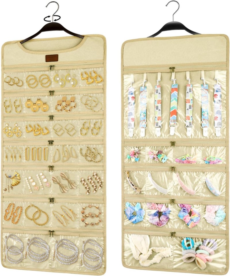SMRITI Hanging Jewelry Organizer with Dual Zippered Pockets Canvas Double Sided Rotating Hanger Necklace Hanging Wall Organizer Earring Dustproof Holder Wall Mount Accessories Display Bag(Beige) - Image 1