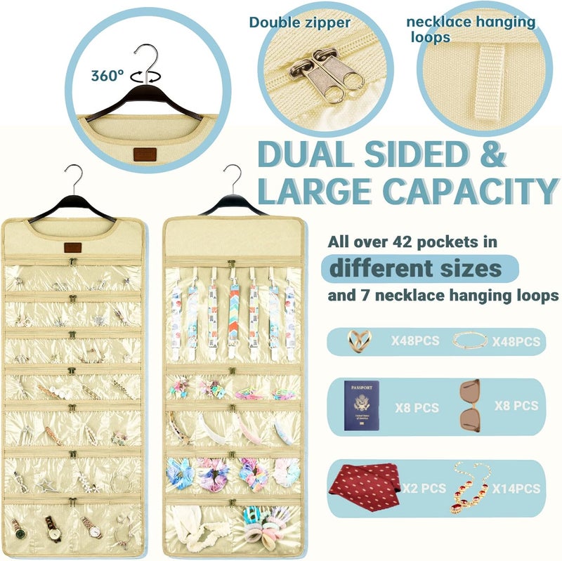 SMRITI Hanging Jewelry Organizer with Dual Zippered Pockets Canvas Double Sided Rotating Hanger Necklace Hanging Wall Organizer Earring Dustproof Holder Wall Mount Accessories Display Bag(Beige) - Image 4
