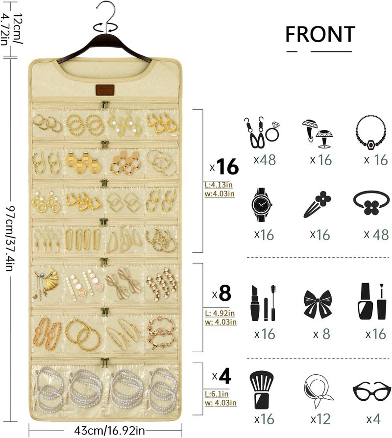 SMRITI Hanging Jewelry Organizer with Dual Zippered Pockets Canvas Double Sided Rotating Hanger Necklace Hanging Wall Organizer Earring Dustproof Holder Wall Mount Accessories Display Bag(Beige) - Image 5