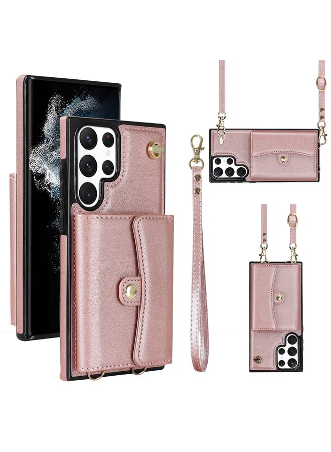اس-توب جراب لهاتف Samsung Galaxy S22 Ultra 5G مزود بفتحة بطاقة RFID من الجلد مع حبل طويل - Image 1