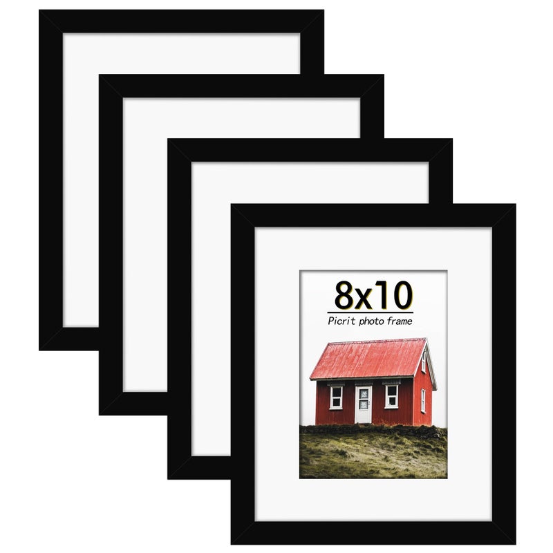 Picrit 8x10 Picture Frame Set of 4 Made of High Definition Real Glass Display 5x7 with Mat or 8x10 Without Mat Black