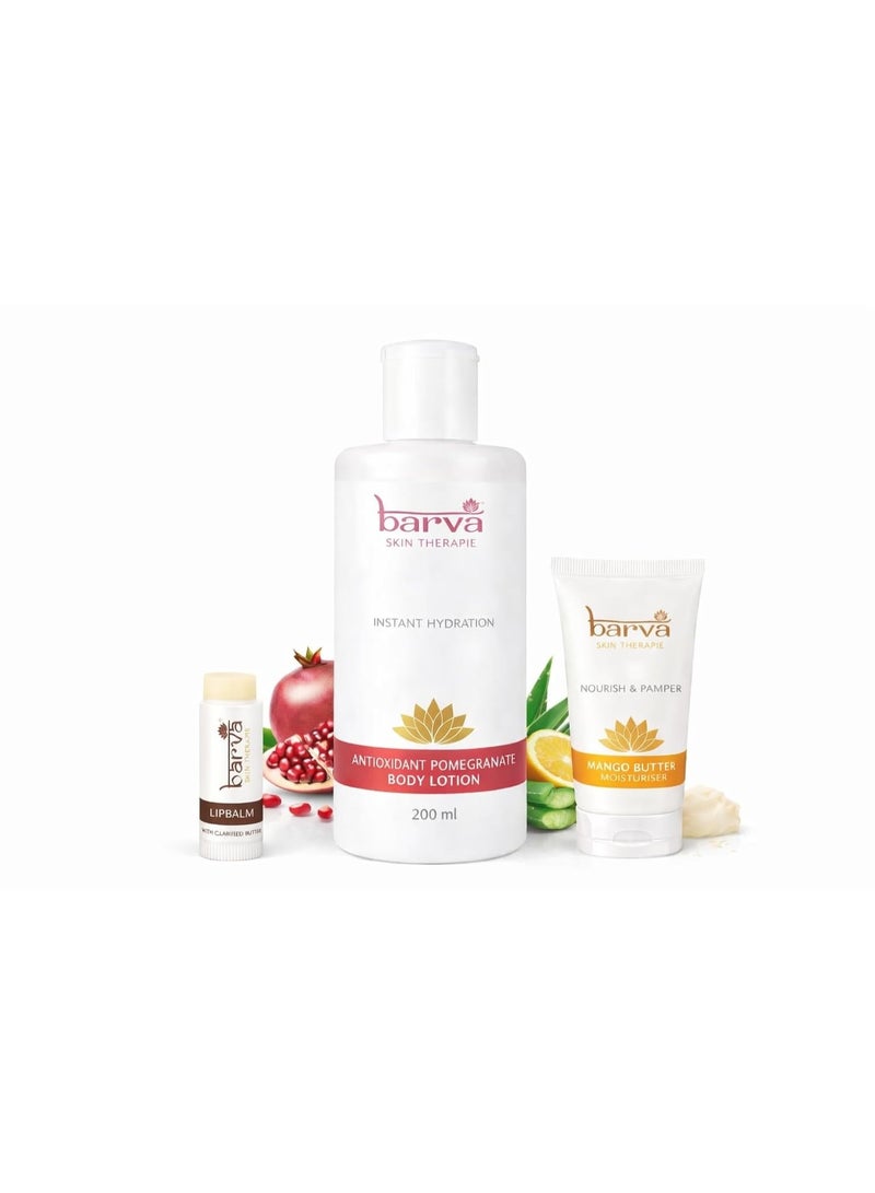 Barva Special 3-Product Skincare Set | Mango Butter Moisturizer Face Cream 50ml, Antioxidant Pomegranate Body Lotion 200ml & Lip Balm | With Ghee, Aloe Vera & Vitamin E | Natural Face & Body Care Combo - Image 1
