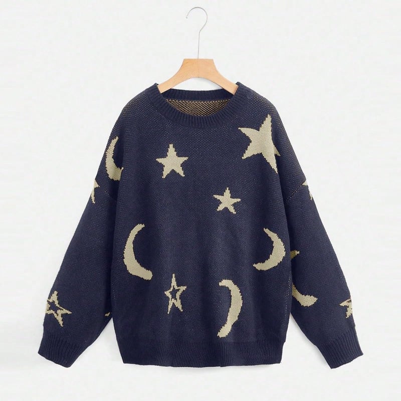 WDIRARA Women's Star Moon Print Long Sleeve Sweater Round Neck Knitted Pullovers Top Deep Blue Medium - Image 5