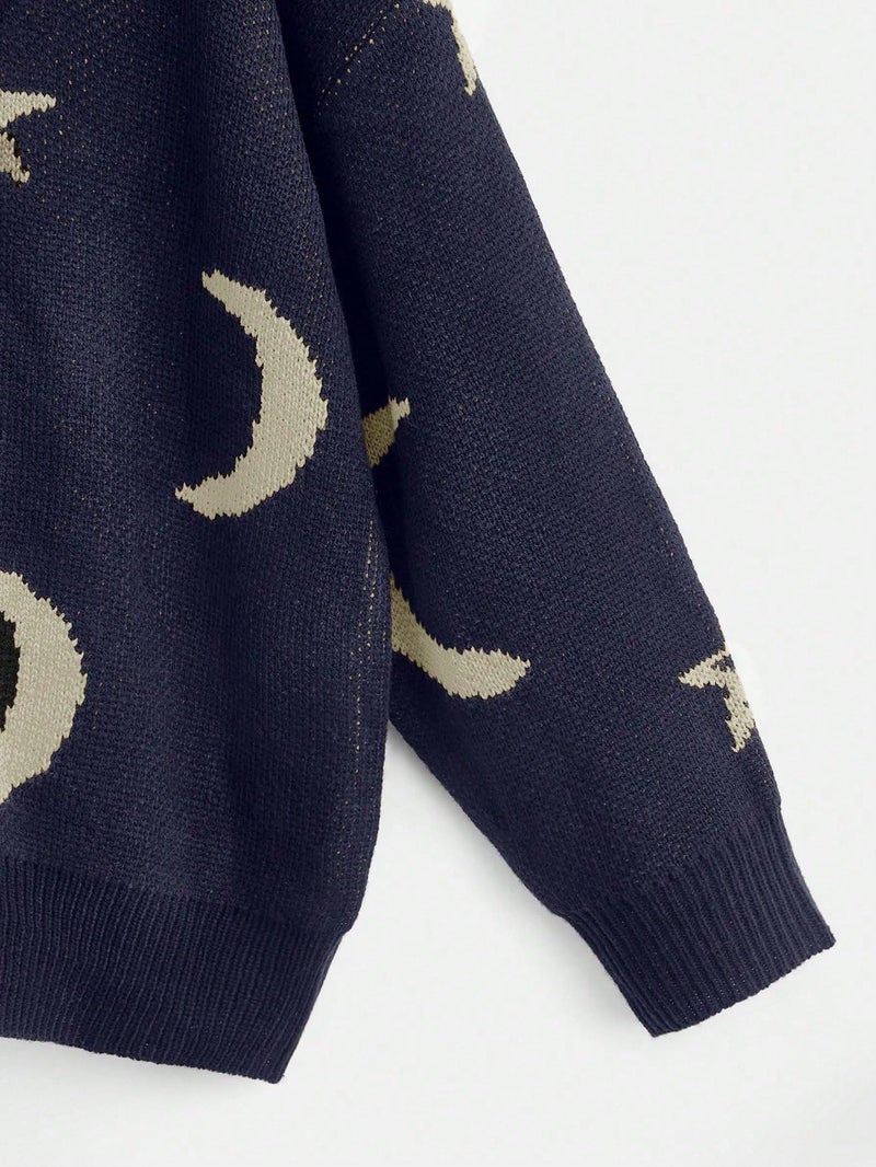 WDIRARA Women's Star Moon Print Long Sleeve Sweater Round Neck Knitted Pullovers Top Deep Blue Medium - Image 4