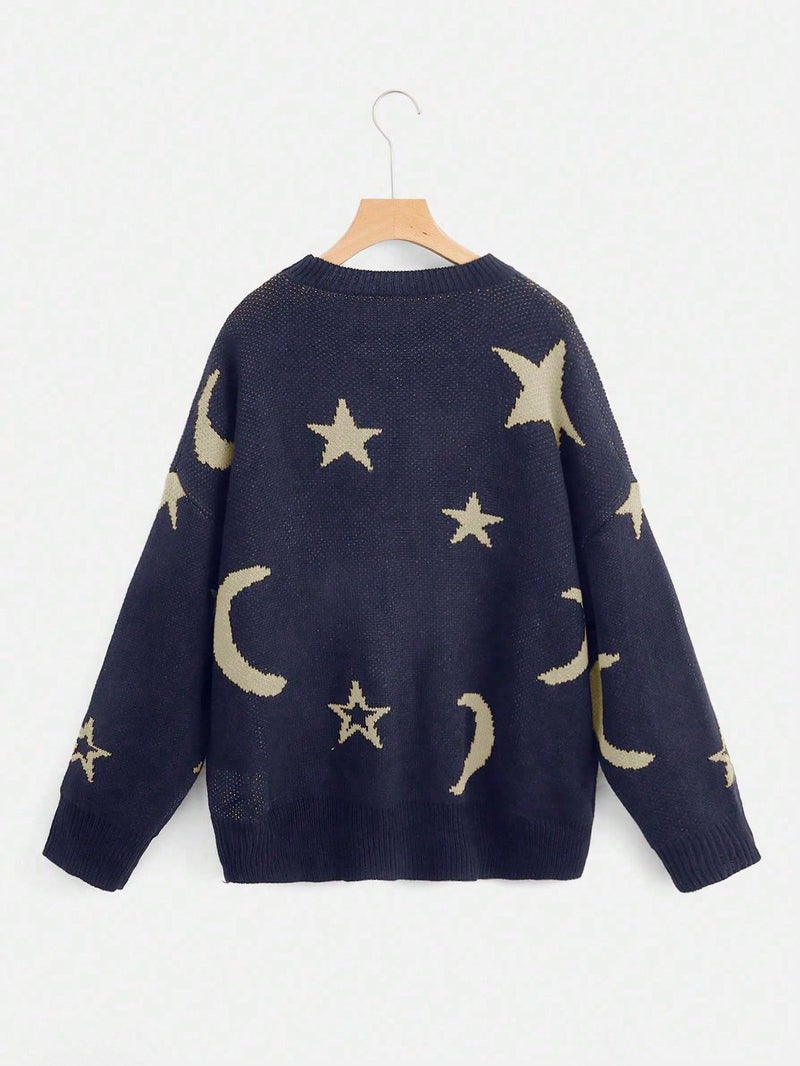 WDIRARA Women's Star Moon Print Long Sleeve Sweater Round Neck Knitted Pullovers Top Deep Blue Medium - Image 3