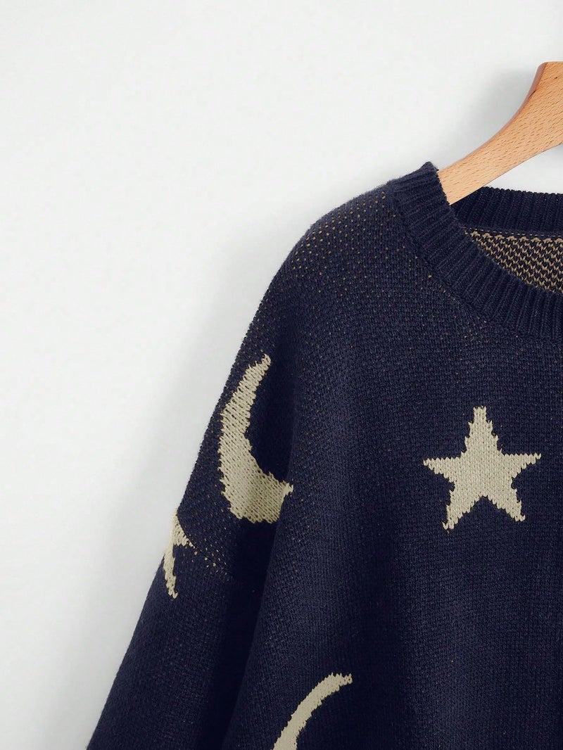 WDIRARA Women's Star Moon Print Long Sleeve Sweater Round Neck Knitted Pullovers Top Deep Blue Medium - Image 2