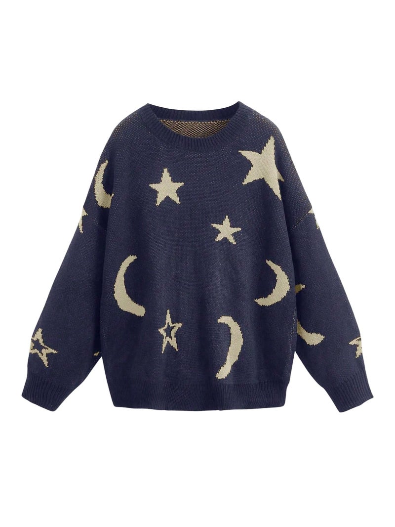 WDIRARA Women's Star Moon Print Long Sleeve Sweater Round Neck Knitted Pullovers Top Deep Blue Medium - Image 1