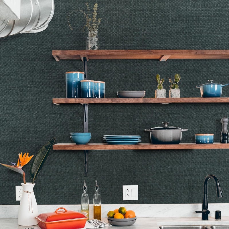 WADILE Grasscloth Peel and Stick Wallpaper 15.7in x 787.4in, Textured Contact Paper for Cabinets, Faux Linen Wall Paper Pull and Stick, Fabric Vinyl Wallpaper Self Adhesive Blackish Green - Image 3