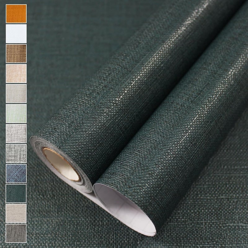 WADILE Grasscloth Peel and Stick Wallpaper 15.7in x 787.4in, Textured Contact Paper for Cabinets, Faux Linen Wall Paper Pull and Stick, Fabric Vinyl Wallpaper Self Adhesive Blackish Green - Image 1