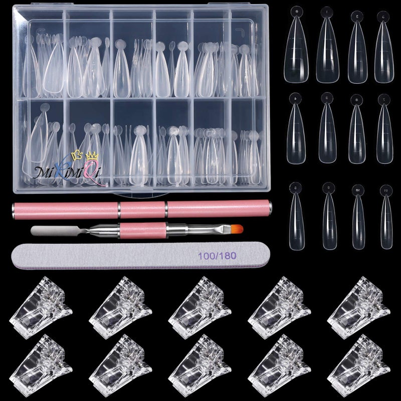 MIKIMIQI Dual Nail Forms Set Poly Gel Quick Building Nail Kit, 120Pcs Stiletto Gel Nail Molds with 10Pcs Acrylic Nail Tips Clips 1Pc Dual-Ended Poly Extension Gel Brush Nail File for Polygel Extension - Image 1