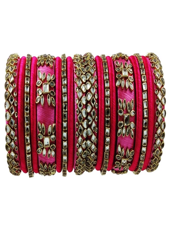 Yaalz Silk Thread Heavy Rich Kundan Work Trendy Fancy Designer Festival Wear Bridal Bangle Set/Wedding Chuda In Light & Dark Pink Colors - Image 2