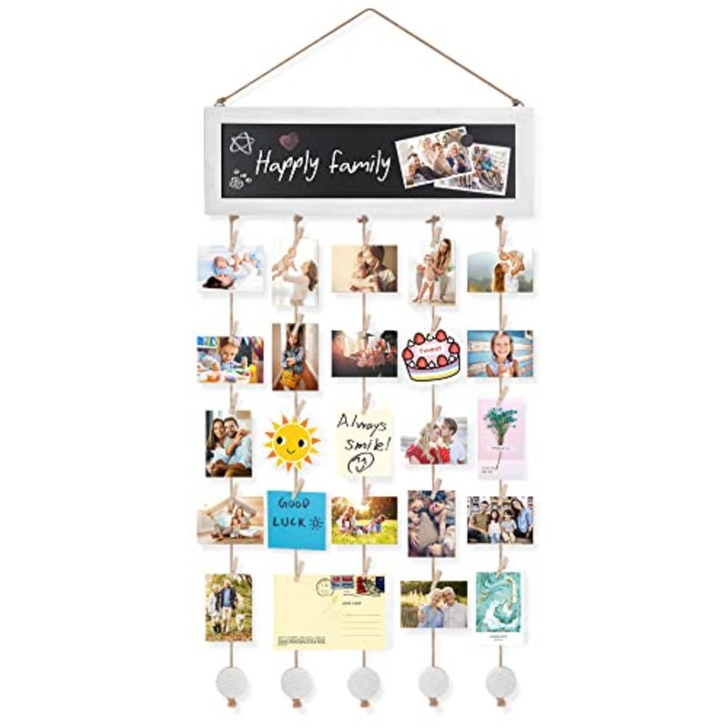 Picture Frames Collage Wall Decor Photo Hanging Display Picture Board Wood Rustic Frames for Home Dorm Room Decor with Blackboard and 30 Clips White - Image 1