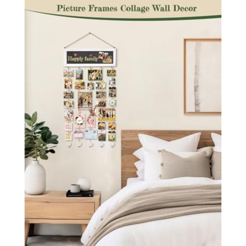 Picture Frames Collage Wall Decor Photo Hanging Display Picture Board Wood Rustic Frames for Home Dorm Room Decor with Blackboard and 30 Clips White - Image 4