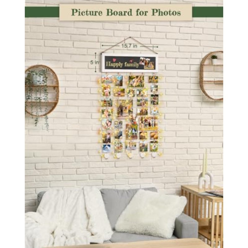 Picture Frames Collage Wall Decor Photo Hanging Display Picture Board Wood Rustic Frames for Home Dorm Room Decor with Blackboard and 30 Clips White - Image 3